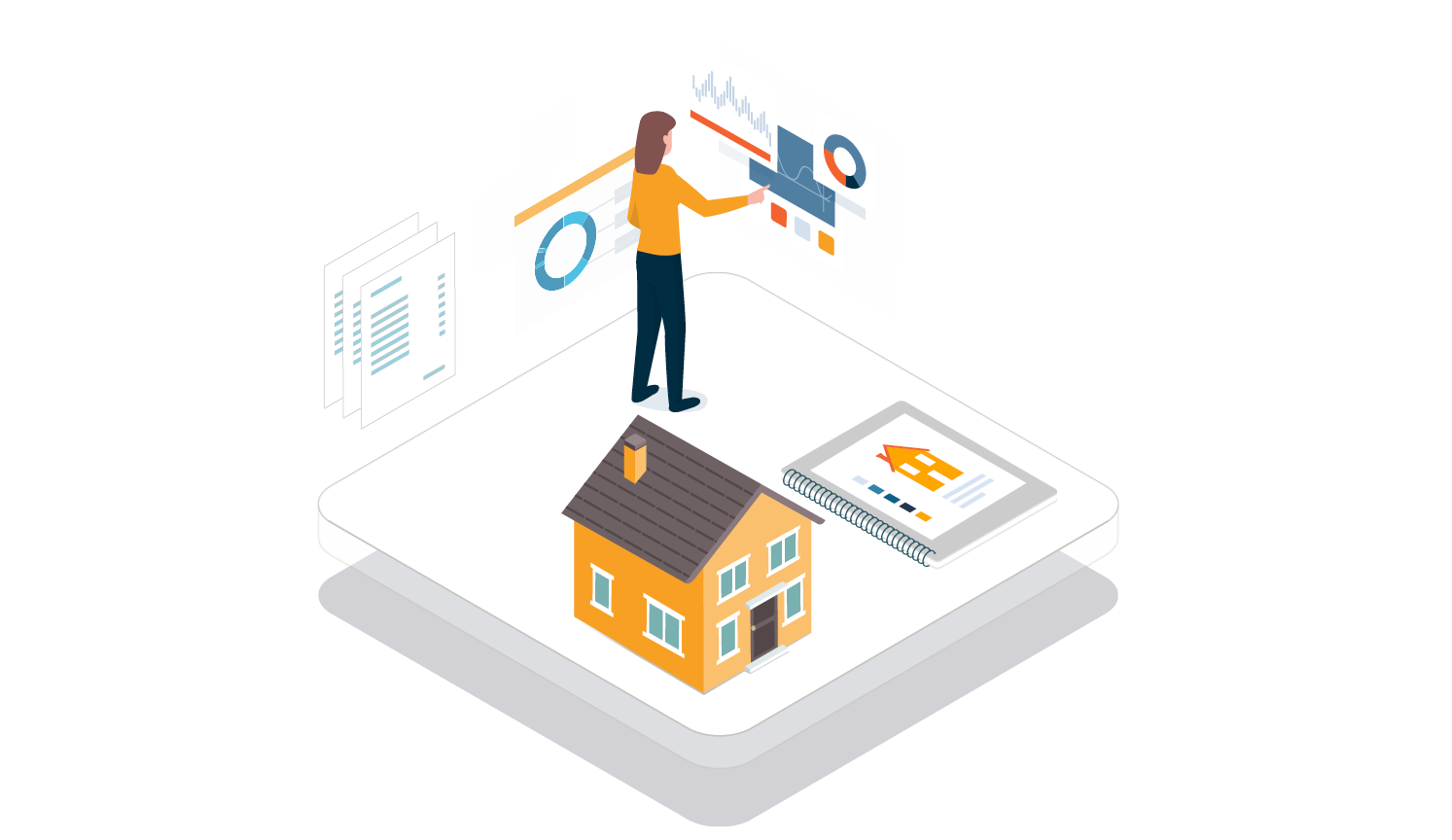 woman assembling data next to a yellow house and a report with a yellow house on the front